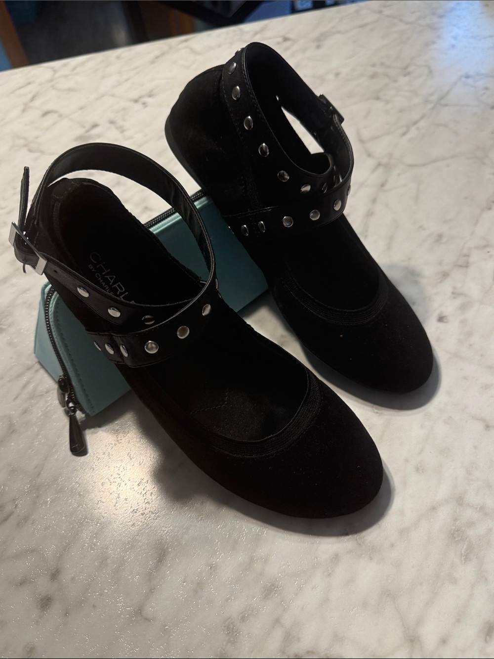 Charles by Charles David Black Studded Suede Ballet Flats with Ankle Strap sz 8